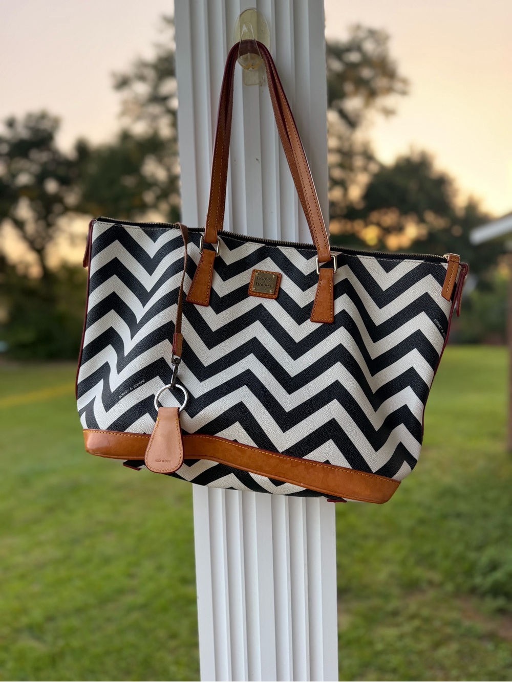 Dooney & Bourke Black and White Chevron Tote with Brown Leather Trim